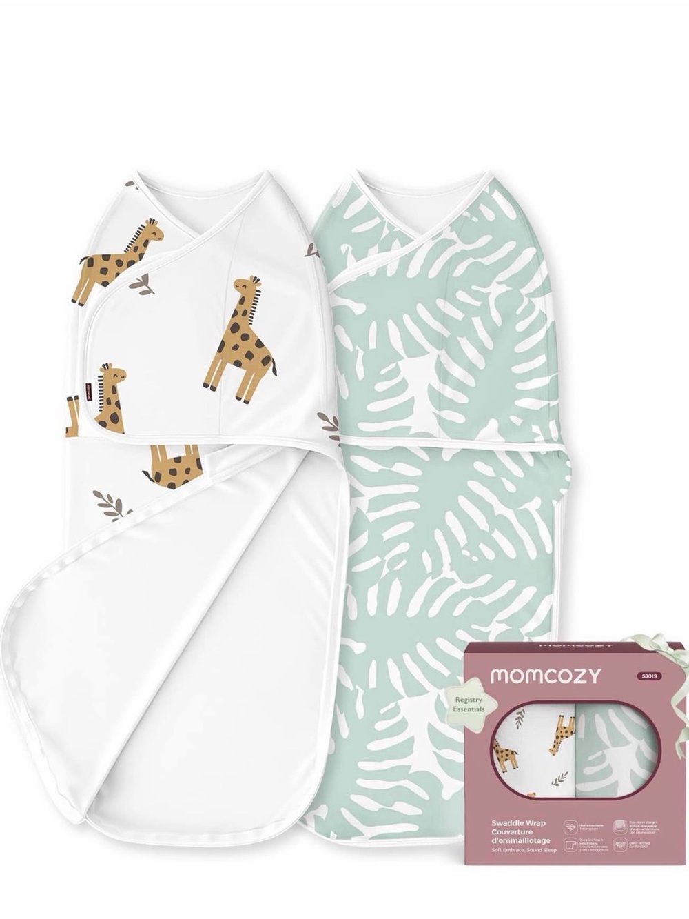Momcozy Baby Swaddle Wrap Set - White Giraffe & Mint Leaf